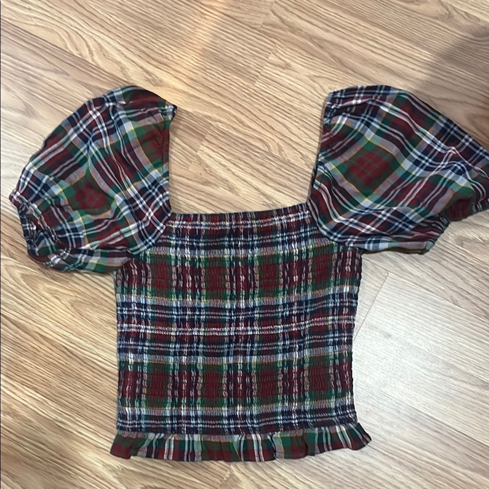Plaid Crop Puff Sleeve Top